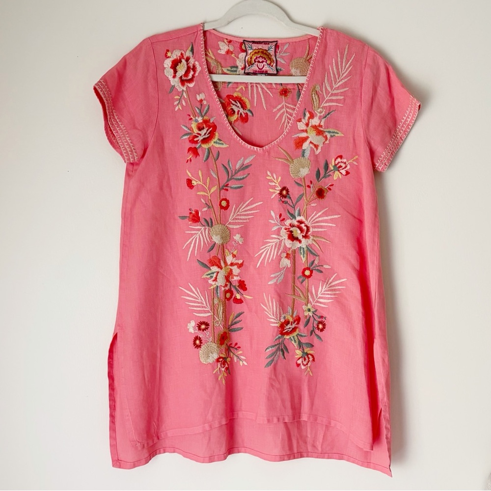 Johnny Was Pink Embroidered V-Neck Tunic Top